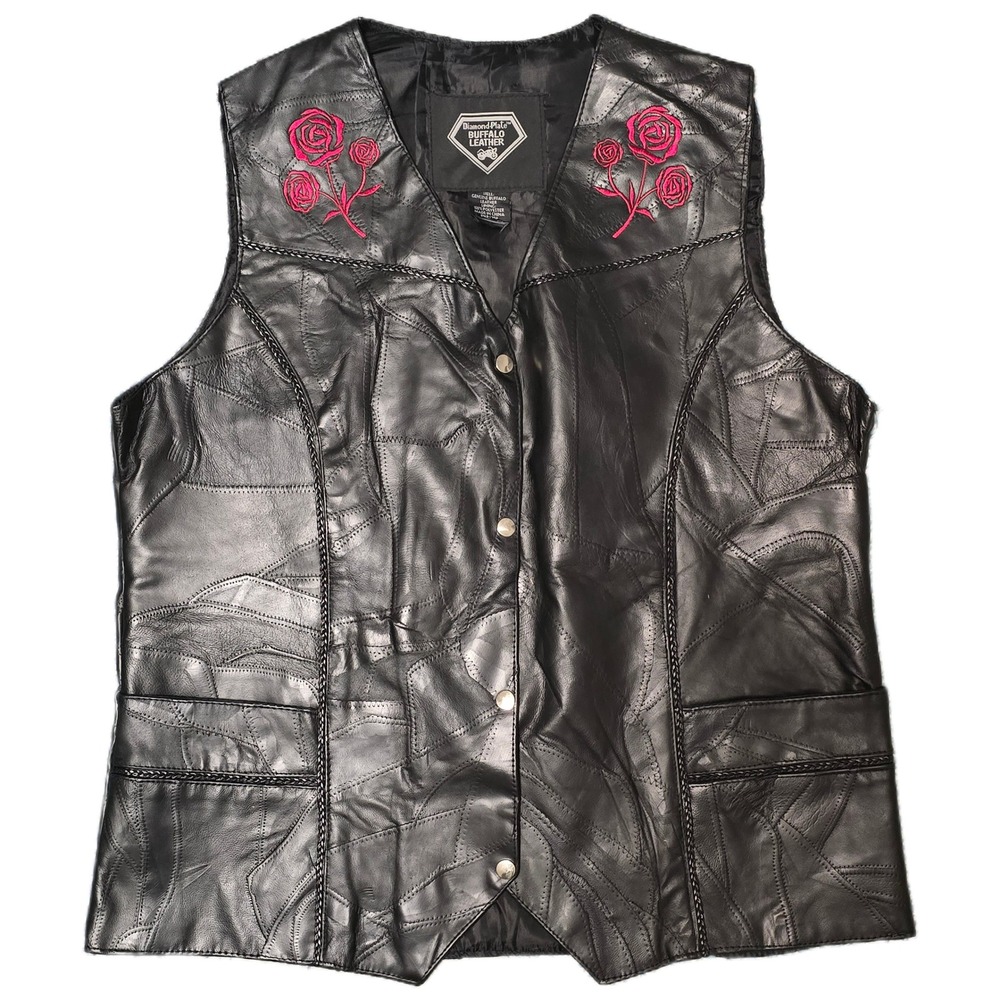 Diamond Plate Buffalo Leather Vest Mens XL Black Excellent Patchwork Rose Biker